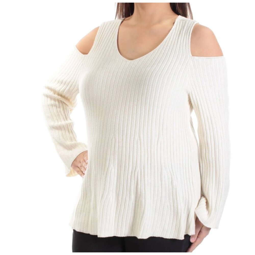 Style & Co Cream Sweater Cold Shoulder Bell Sleeves Ribbed Knit Women's Size 3X